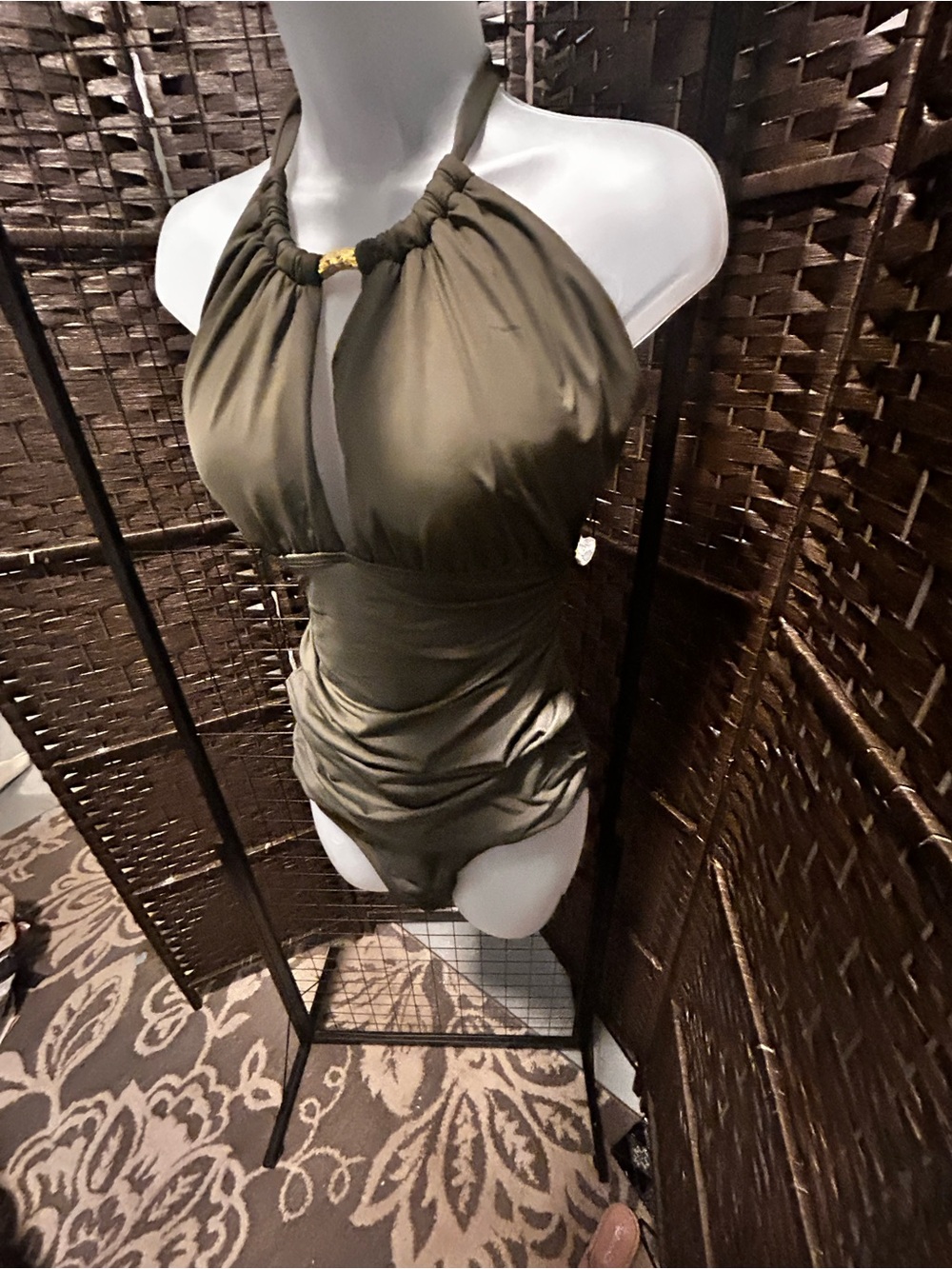 Lauren Ralph Lauren Dark Olive High-Neck Halter one piece with Gold Detail w16 - Picture 3 of 14
